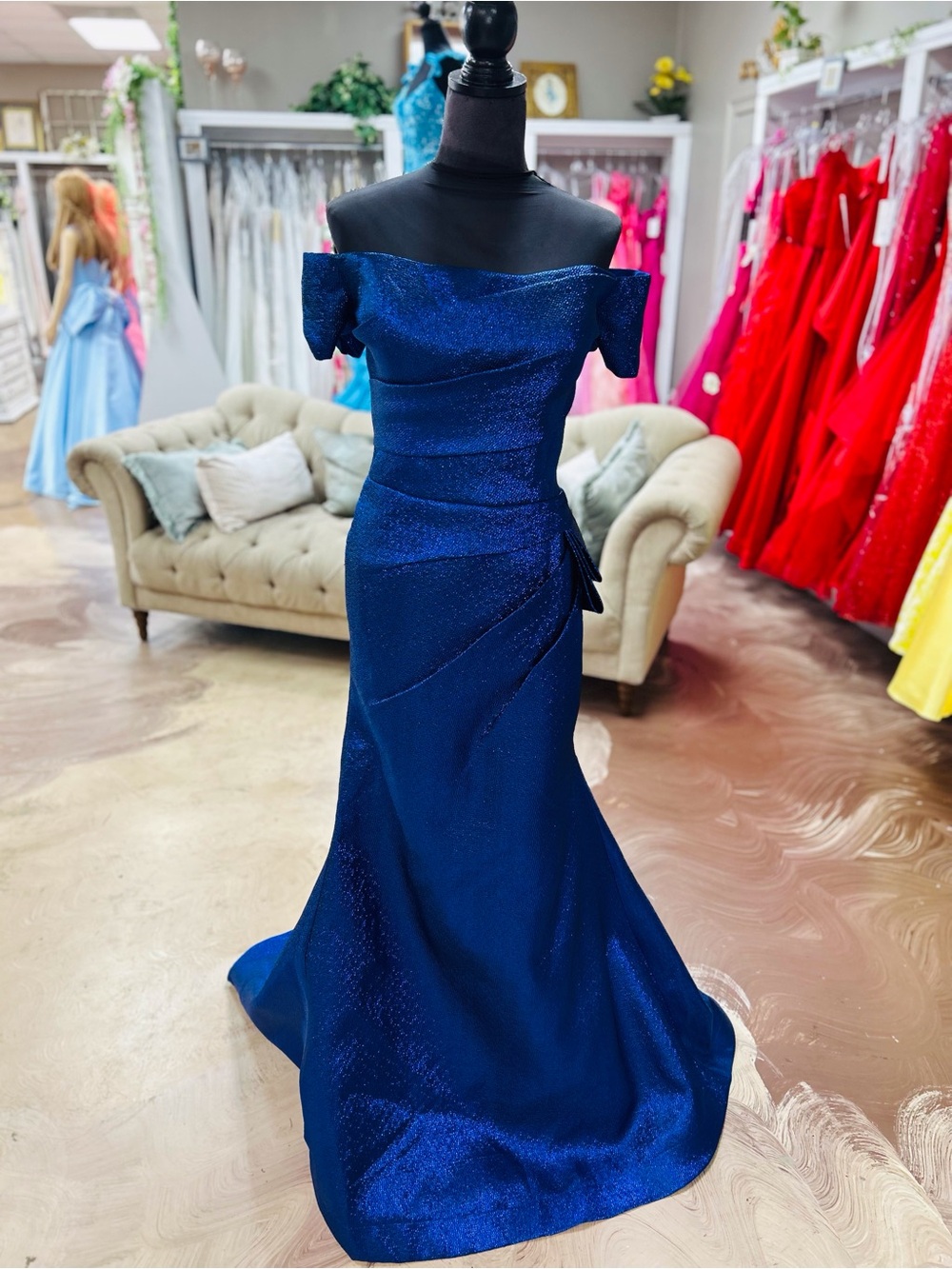 Stellah One-Shoulder Sparkle Gown in Navy Blue